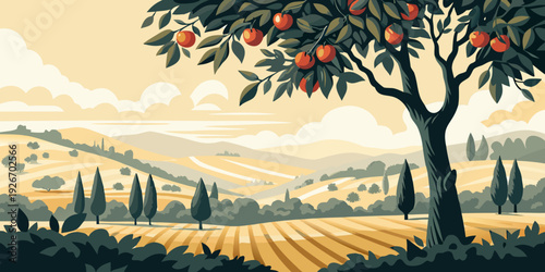 A stylized illustration of an apple tree in a rolling hillside landscape
