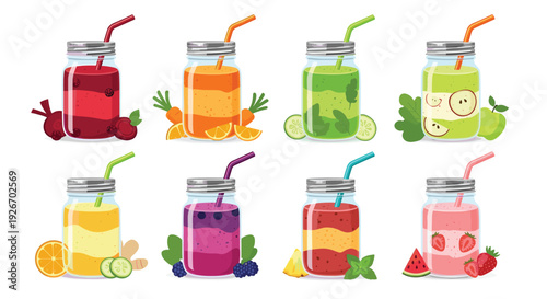 Eight vibrant fruit and vegetable smoothies are served in glass mason jars with straws, each surrounded by fresh ingredients.