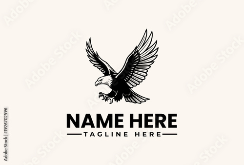 A black and white illustration of an eagle in flight with outstretched wings, forming a logo design with placeholder text on a beige background.