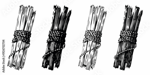 Four bundles of sticks tied with string black and white illustration