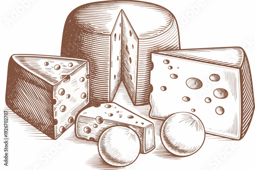 An artistic sketch depicting a variety of cheeses and accompanying eggs