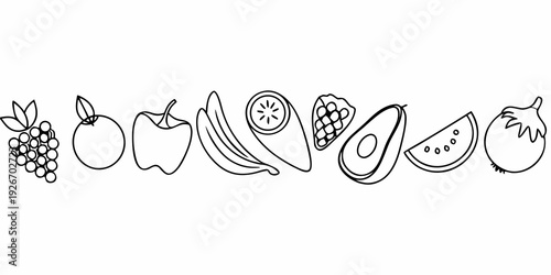 A hand drawn row of various fruits in a simple black and white style