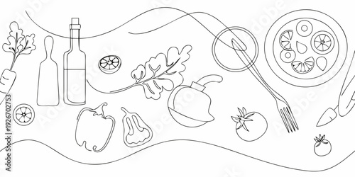 A minimalist line drawing of a still life with food and foliage