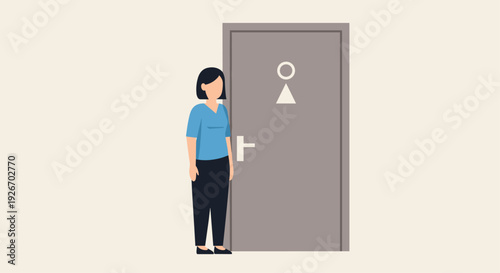A woman with short dark hair stands in front of a gray public restroom door marked with a female symbol.