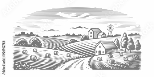 Vintage style illustration of a rural landscape with farmhouses and hay bales