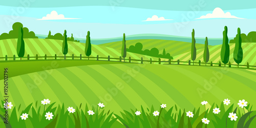 A vibrant green landscape with rolling hills trees and white wildflowers