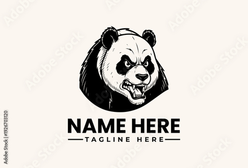 A black and white illustration of a panda bear's head with a fierce expression, accompanied by placeholder text for a logo or brand name on a clean background.