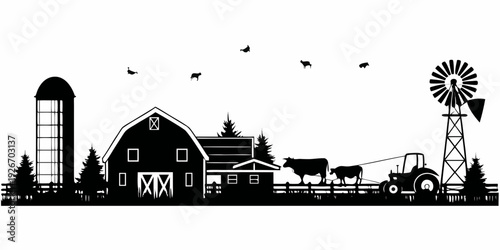 A black and white illustration of a rural farm landscape with livestock