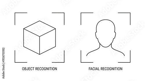 Simple line icons for object and facial recognition in minimalistic style with black and white color scheme on clean white background for technology illustration