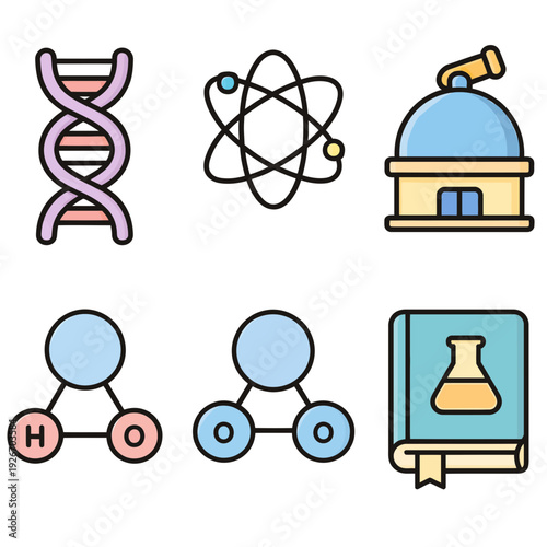 DNA helix, simbol atom, observatorium, molekul air, molekul oksigen, buku kimia dengan labu erlenmeyer