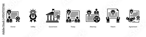 Intellectual Property and Governance web banner featuring Owner, Utility, Government, Treaty, Attorney, Patent, and Agreement.