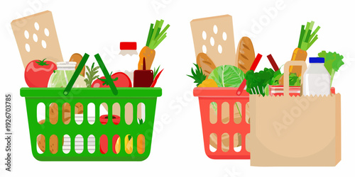 Colorful illustration of grocery shopping with fresh produce and bakery items