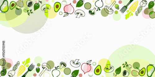 A colorful border of illustrated fruits vegetables and cooking utensils