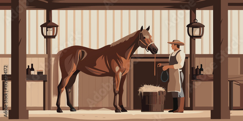 A chestnut horse and stablehand interact within a rustic wooden stable