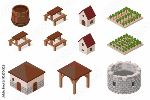 Isometric illustrations of medieval village elements buildings furniture and crops