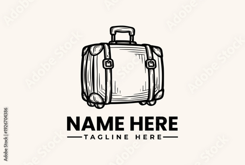 A simple black line art illustration of a suitcase with placeholder text for a logo or brand name and tagline on a plain background, featuring a vector graphic design.