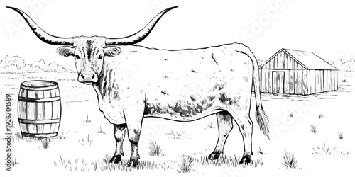 Longhorn steer stands near a barn and barrel in a sketched scene