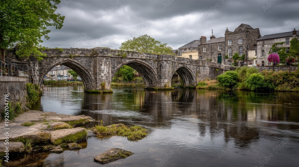 Obraz premium Serene Stone Bridge Over Calm River with Reflections, Lush Greenery, and Historic Buildings Under Cloudy Sky in Picturesque Town Setting