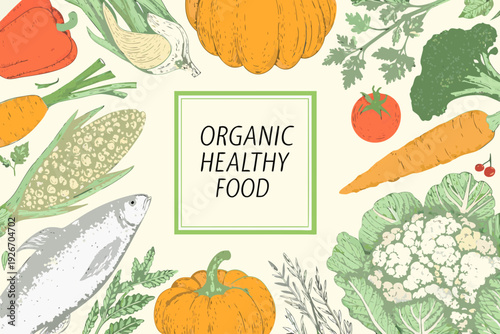 A colorful arrangement of fresh produce and healthy organic food items