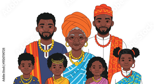 A large African family including grandparents parents and children wearing traditional colorful clothing and gold jewelry stands together.
