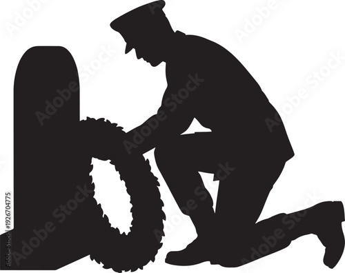 Memorial Day Soldier Placing Wreath at Grave Silhouette Vector Illustration.