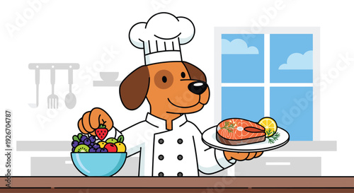 A dog chef holds a salmon plate and a fruit bowl in a kitchen.