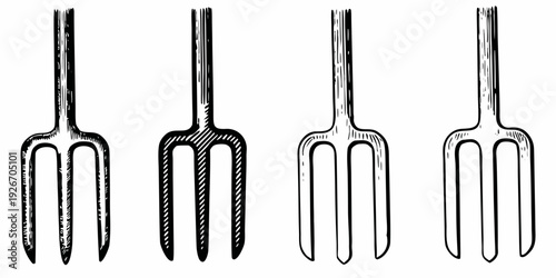Four antique gardening forks displayed in a vintage black and white illustration
