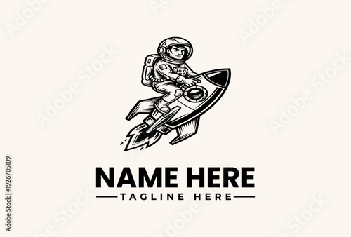 A vector illustration of an astronaut riding a rocket ship with a customizable name and tagline on a plain background, featuring a logo and pictogram design.