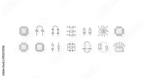 Collection of various electronic circuit board components and symbols on a white background for technology and engineering designs
