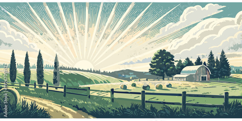 A serene countryside landscape basks in the warm glow of a rising sun