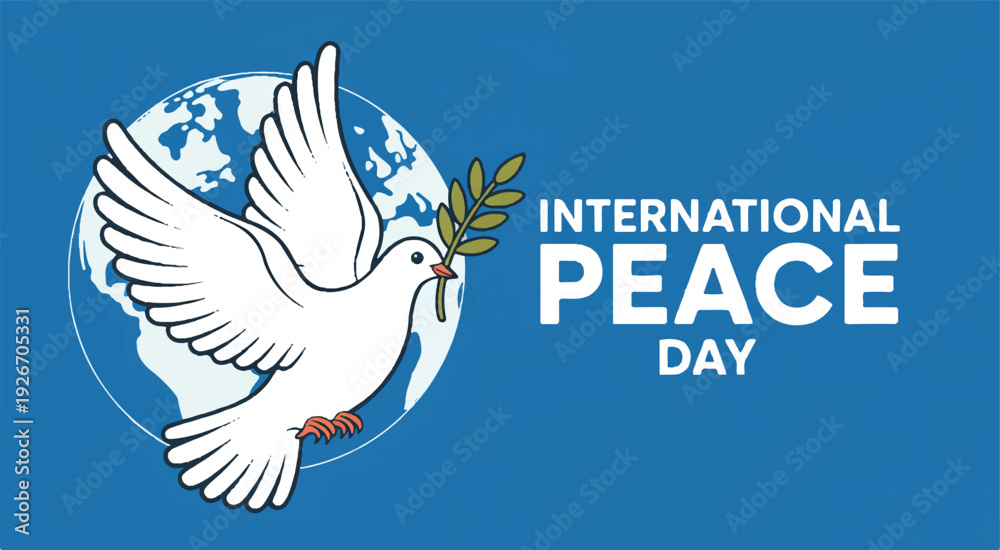 Fototapeta premium International Peace Day illustration featuring a white dove holding an olive branch in front of a blue globe