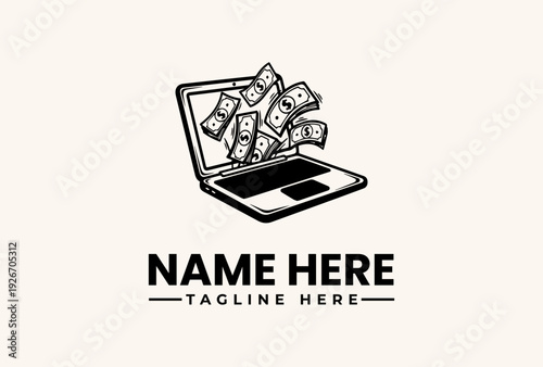 Black and white illustration of a laptop with money flying out, accompanied by placeholder text for a name and tagline on a clean background.