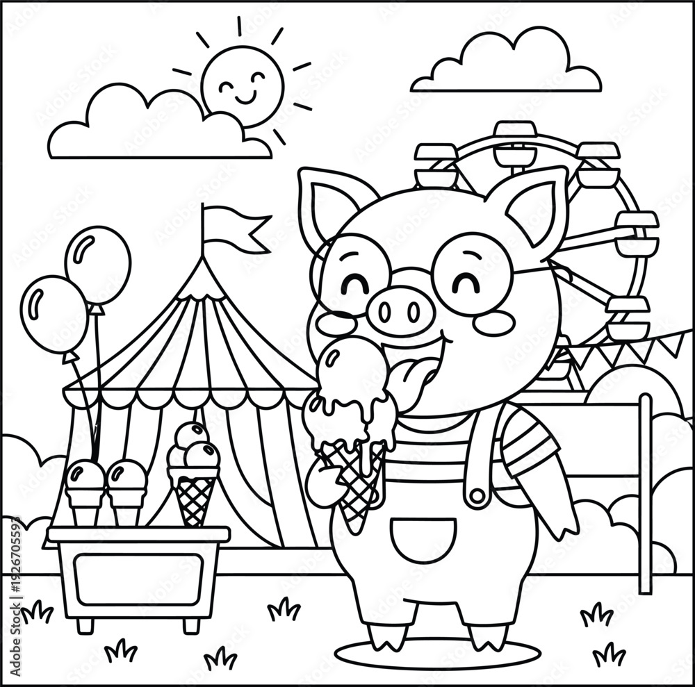 Naklejka premium Bold and Easy Pig Animal Coloring Page - Cozy Moment Farm Animal Line Art Vector for Adults and Kids