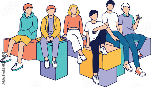 Young people sitting on colorful cubes casual friends group flat vector illustration modern characters