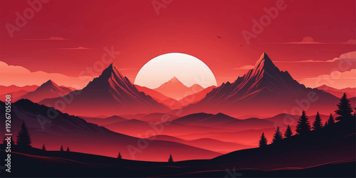 A vibrant orange sunrise and sunset illuminate the mountain range as the sun casts a silhouette over the desert hills and clouds during a tranquil morning at the horizon