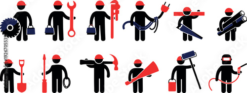 Construction worker icons set with tools and equipment safety helmet flat vector pictogram collection