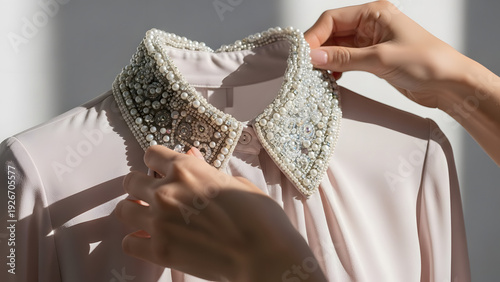 Hands Adjusting a Heavily Beaded Pearl and Crystal Collar on a Light Pink Blouse, Luxurious High-Fashion Detail with Intricate Handmade Gemstone Embroidery for Formal Wear