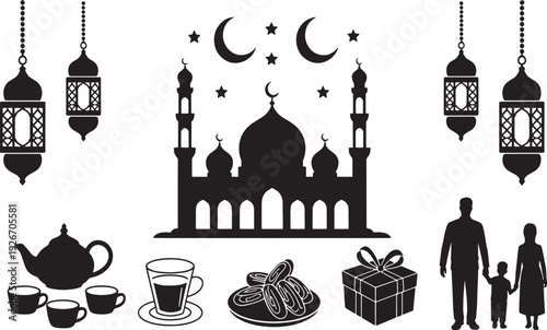 Islamic celebration mosque lanterns family dates tea gift box crescent moon stars
