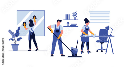 Three professional cleaners in blue uniforms performing various tasks including mopping the floor and wiping windows and desks in an office.
