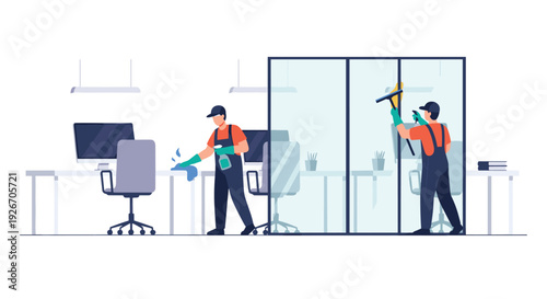 Two professional male cleaners in orange shirts and blue overalls cleaning desks and glass partitions inside a modern office space.