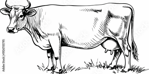 A detailed sketch of a cow standing in a grassy field