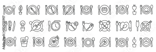 set of 30 outline icons related to plate spoon knife and fork, linear icon collection with editable stroke vector illustration for restaurant and food design.