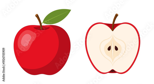 A whole red apple and a sliced apple showing the interior