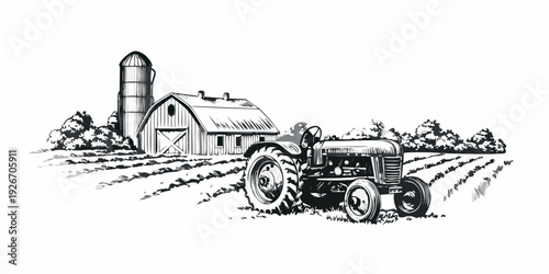 Vintage farm scene featuring a tractor barn and silo illustration