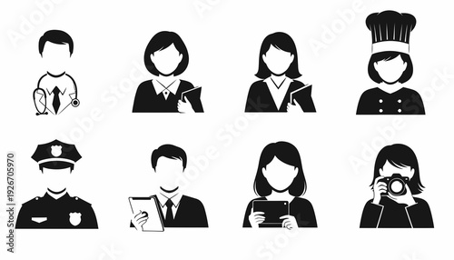 Flat Black  White Vector Icons Set: Professional User Avatars for Diverse Occupations