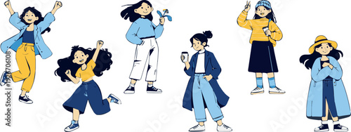 Trendy young women posing with smartphones and drinks stylish female characters flat vector set