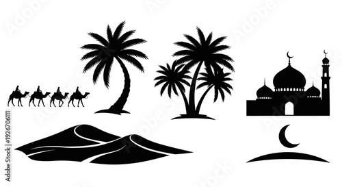 Middle Eastern Islamic Culture Silhouettes: Mosque, Camels, Palm Trees, Desert Landscape