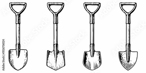 Four vintage shovels displayed in a simple illustrative arrangement