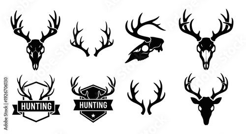 Collection of Hunting Deer Skulls and Antlers Black White Silhouette Vector Elements
