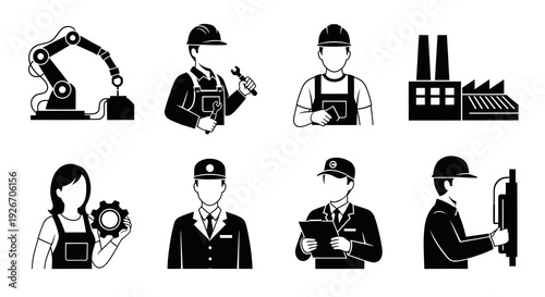 Industrial Engineering Manufacturing Black  White Glyph Icon Set with Workers